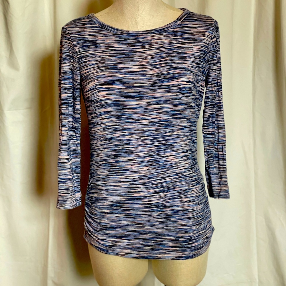 T by Talbots XS Long Sleeve Top Space Dye light Blue Side Ruch Athletic Wear EUC